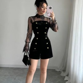 Black Lace Patchwork Vintage Court Style Double-Breasted Waist-Cinching Women's JumpsuitColor: Black, Size: S