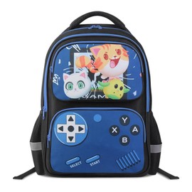 Gaming Backpack for Kids - PU Leather Front Gamer Bag with Cute Cat Design, School Bookbag for Boys and Girls, Elementary Middle School Student Travel Bag-Cat Blue
