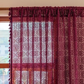 Kotile Maroon Lace Curtain 84 Inches Long 1 Panel Vintage Crochet Floral Burgundy Sheer Curtain with Tassels for Living Room, Rod Pocket Light Filtering Privacy Closet Red Wine Boho Drape, 60x84 Inch