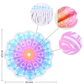 Large Microfiber Boho Mandala Beach Towel Round Bohemian Beach Blanket Hippie Indian Throw Blanket Beach Tapestry Sand Free Quick Dry Yoga Picnic Mat Wall Decor Circle Tablecloth Tassels,59'',Purple