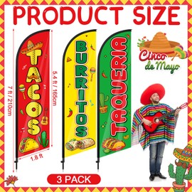 Remagr 3 Pcs Tacos Burritos Feather Flag 7 ft Mexican Food Swooper Flag Mexican Restaurant Advertising Feather Banner with Pole and Ground Stake for Outside Store Business Markets