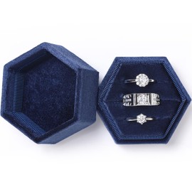 WantGor Velvet Jewelry Ring Box, 3 Slots Hexagon Ring Gift Box Vintage Ring Display Holder Case for Wedding Ceremony Proposal Engagement (Navy Blue, 3 Slots)