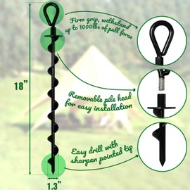 VASGOR 18" Ground Anchors (4pcs) Easy to Use with Drill, Heavy Duty Anchor Hook for Camping Tent, Canopies, Car Ports, Sheds, Swing Sets, Securing Animals – Black Powder Coated