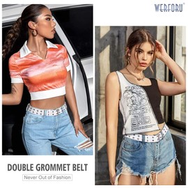 WERFORU Double Grommet Belt PU Leather Belt White Goth Belt with Double Prong Buckle