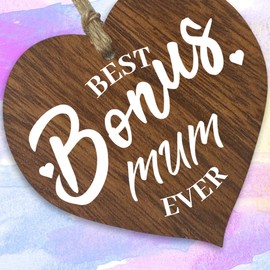 Step Mum Gifts from Daughter Son - Best Bonus Mum - Best Step Mum Gifts, Presents for Step Mum, Hanging Wooden Heart Sign Plaque, Birthday Gifts for Mum Gift, Mothers Day - Dark Wood Hearts Sign