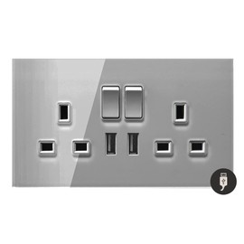 Sardini Home Full Glass Grigio Grey Tempered Glass UK 3-pin 13A Double Switched 2 Gang Plug Wall Socket with 2.1A USB Fast-Charging Charger Port (Updated Model)