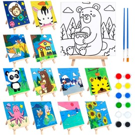 12 Sets Printed Canvas Paint Art 12 Pcs Wooden Easel Set Paint Pots and Brushes and 12 Pre Drawn Canvas Panel Party Supplies Game Prizes for Kid Adult(Cute)