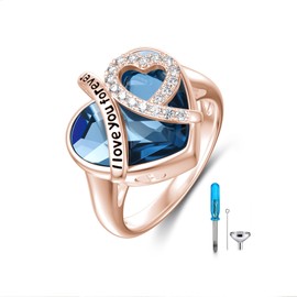 AOBOCO 925 Sterling Silver I LOVE YOU FOREVER Heart Cremation Ring Holds Loved One's Ashes, Heart Urn Ring for Ashes for Women, Memorial Keepsake Ring Embellished with Crystals from Austria, 9,