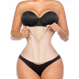 YIANNA Waist Trainer for Women Latex Underbust Tummy Control Waist Cincher Corset Hourglass Body Shaper Zipper and Hooks,YA2231-Beige-M