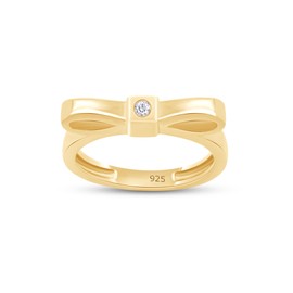 Round Shape White Natural Diamond Accent Ribbon Bow Ring In 14k Yellow Gold Over Sterling Silver Ring Size-5