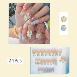 24Pcs Spring Summer Long Press on Nails Coffin French Tip Fake Nails 3D Texture Flower Press ons Yellow Blue Ombre Acrylic Nails Embossed Glue on Nails Glossy Full Cover Stick on Nails for Women