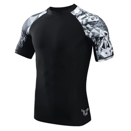 HUGE SPORTS Men's Short-Sleeved Splice Skins Rash Guard Shirt Swimming Shirt Rash Vest for Swimming Surfing, Jaguar