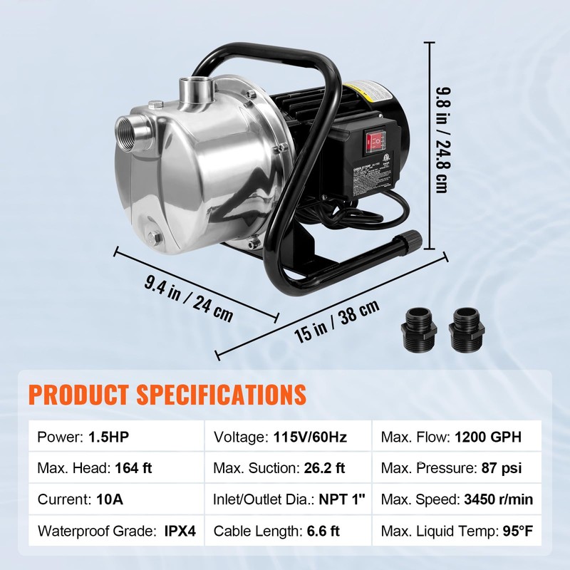 Happybuy Shallow Well Pump, 1.5 HP 115V, 1200 GPH, 164