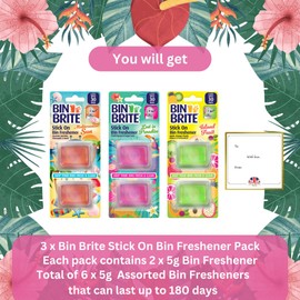 Bin Brite Stick On Bin Freshener, Pack of 3 Assorted Bin Deodoriser Scents - Mediterranean Sun, Lost in Paradise, Island Fruit -Bin Freshener and Odour Eliminator Bundled by Great British Home