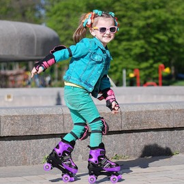 SYXKJ Boys Girls 4 Size Adjustable Kids Roller Skates for Children Toddlers Beginner with All Light Up Wheels, Birthday Gift for Outdoor Indoor Sports (Black Purple, Medium)