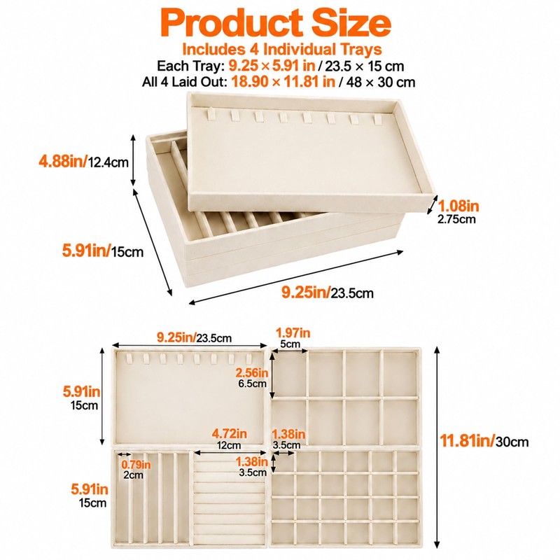 Velvet Jewelry Drawer Organizer Trays, 4-Layer, Beige