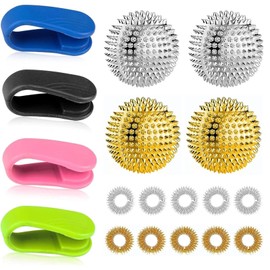 18-Piece Skills Set with 4 Hedgehog Balls Massage Balls, 4 Clips, 10 Acupressure Rings Panic Attack Aid for Stress Relief & Massage Portable Acupressure Device Hand Clamp Acupressure