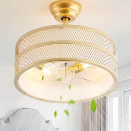 SYDACG 18" Gold Fandelier Ceiling Fan with Light, Fabric Boho Chandelier Ceiling Fans with Lights Remote Control, Mid-Century Modern Caged with 6 Speeds for Bedroom, Nursery