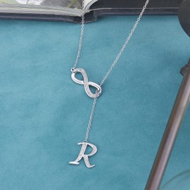 Cali Trove Diamond Infinity Lariat Necklace for Women in 925 Sterling Silver | Infinity Pendant in A to Z Letters | Silver Pendant Necklace Gift for her | Mother's Day Gifts | Jewelry for Women R