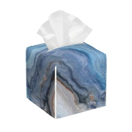 OHEGBXE Tissue Box Cover Blue and Grey Marble Leather Tissue Box Holder Cube Paper Case Cover Facial Paper Organizer Dispenser for Bathroom, Vanity Countertop, Office Desk