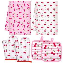 Hahafelt 6 Pcs Cherry Kitchen Decor Accessories Include 2 Cherry Towels 2 Pink Pot Holder 2 Cute Oven Mitt for Kitchen Bathroom Decor Baking Cooking Housewarming Gift