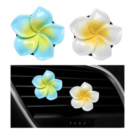Wevdn 2PCS Flower Car Air Vent Clips, Colorful Tropical Flower Air Freshener Vent Clips with Aromatic Pad, Air Conditioning Outlet Clip Plumeria Flower Decoration (Blue+White)