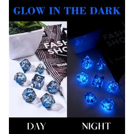 AUSTOR Liquid Core Butterfly Resin DND Dice Set, 7-Die Glow in The Dark Dice Sharp Edge Polyhedral Dice Luminous Dice Role Playing Dice for Dungeons and Dragons RPG MTG Table Games