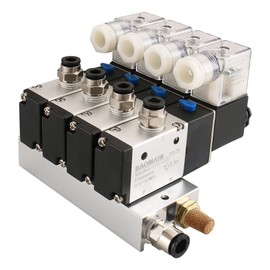 Baomain 4 Space Pneumatic Solenoid Valve 3V210-08 12VDC PT1/4 2 Position 3 Way Manifold with Base Muffler Quick Fittings Set
