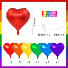18 Pcs Rainbow Heart Shape Balloons Foil, 18inch Red Orange Yellow Green Blue Purple Foil Valentines Balloons for Kids Candy Birthday Wedding Baby Shower Decoration