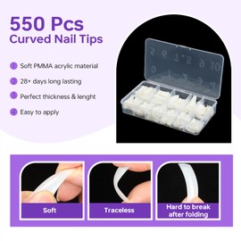 BXKM 550Pcs Long C Curved Square Nails Tips, Half Cover Acrylic Gel Fake Artificial Coffin Nails Tips 11 Sizes for Nail Salons & DIY Art