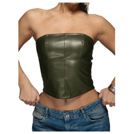 Verdusa Women's Leather Top Backless Tube Top Strapless Crop Corset Tops Going Out Outfits Dark Green Small