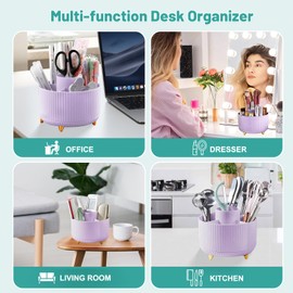Lenfuos Desk Organiser, 360 Degree Rotating Office Organiser, Pen Holder, 5 Sorting Compartments for Pens, Stapler, Folder Clips, Sticky Notes, Space Saving Desk Organiser (Lilac)