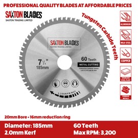 TCT18560TMB Saxton TCT Circular Steel Aluminium Copper Metal Saw Blade 185mm x 60T for Bosch Makita Dewalt Evolution Fits 190mm Saws