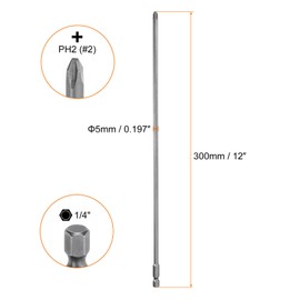 sourcing map 5pcs #2 Phillips Screwdriver Bit PH2 1/4" Hex Shank 12" (300mm) Long Magnetic S2 Steel Industrial Grade Screw Driver Bit Cross Head Electric Drill Bits 0.197" (5mm) Rod