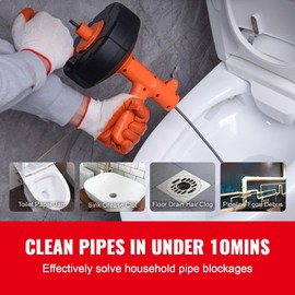 Happybuy 25ft Drain Auger Plumbing Snake with Auto Feed, Drill Attachment, Pipe Clog Remover for Kitchen, Bathroom, Shower, Sink, Includes Protective Hose & Gloves