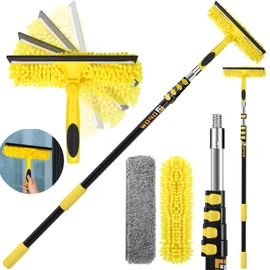 370'' Long Reach Window Squeegee with Telescoping Extension Pole, 2-in-1 Indoor/Outdoor Cleaning Tool with 270° Rotatable Head, Lightweight Alloy Aluminum Pole for Shower Door, Mirror, Car Windshield