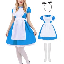 Mrsclaus Adult Blue Dress Set with Apron Headband Socks Carnival Wonder Princess Costume for Women Birthday Fancy Dress Cosplay Party with Accessories C061XXL