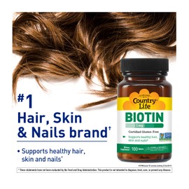 Country Life Biotin 1mg Supports Healthy Hair, Skin & Nails, 100 Tablets, Certified Gluten Free, Certified Vegan, Certified Halal, Non-GMO Verified
