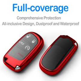 Autophone Compatible With Jeep Key Fob Cover With Leather Keychain Soft TPU Protection Key Case for Dodge Charger Challenger Dart Journey Durango Grand Caravan RAM Fiat Smart Key,Red