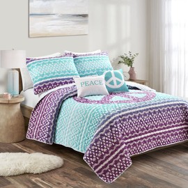 Lush Decor Peace Ombre Reversible 5 Piece Quilt Set, Full/Queen, Purple & Blue