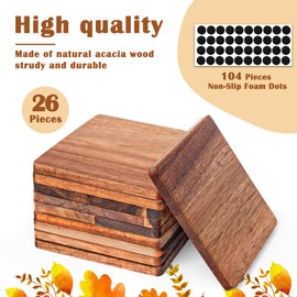 26 Pieces Unfinished Wood Coasters, 4 Inch Square Acacia Wooden Coasters for Crafts with Non-Slip Silicon Dots for DIY Stained Painting Wood Engraving Home Decoration