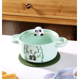 Cute Cartoon Characters Porcelain Ramen Noodle Bowl with Glass Lid 30 fl oz Bowl With Side Handles For Udong, Pho, Tomyum Ramen Noodle (Panda)