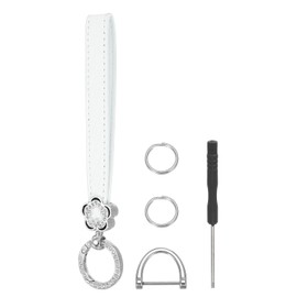 MECCANIXITY Leather Wristlet Keychain Car Key Chain Wristlet for Women, 7 Inch Key Fob Holder Flower Style with D Ring and 2 Key Ring for Keys Wallets Purse, Silver Tone/White