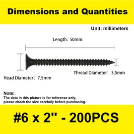 200 pcs Wood Screws, Phillips Flat Head Long Screws, Self-Tapping Countersunk Screws, Exterior Wood Screws, Fasteners for Various Woodworking Repairs and DIY Projects #6 x 2''(50 mm)