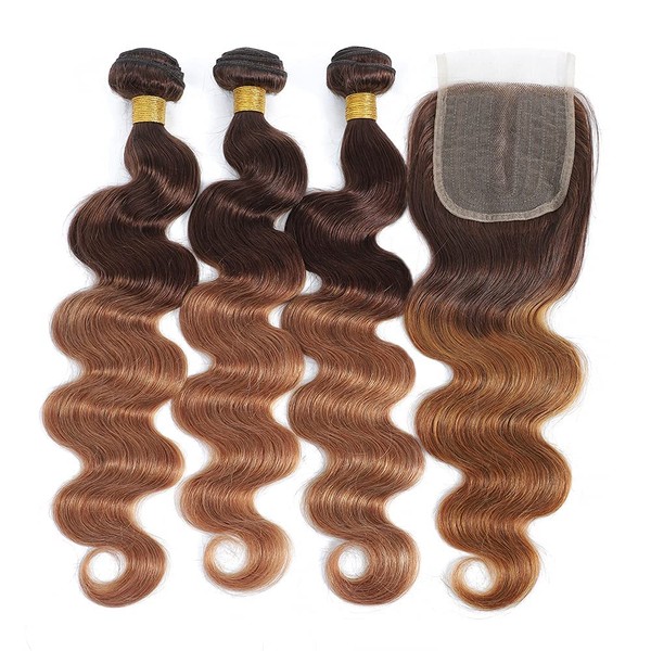ELEE'S HAIR Ombre Human Hair Bundles Body Wave with Closure Ombre Bundles with 4 x 4 Lace Closure Free Part 3 Tone Remy Hair 100% Human Hair Bundles with Closure T4/30 (20 22 24+18)
