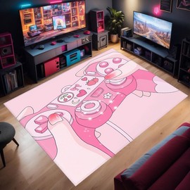 Gaming Rug for Kids Girly Bedroom Rug Gamer Area Carpet 3D Pink Kawaii Game controlle Living Room Game Room Large Area Rug Teen Boy Room Decor Non-Slip Comfy Floor Mat 24x36inch