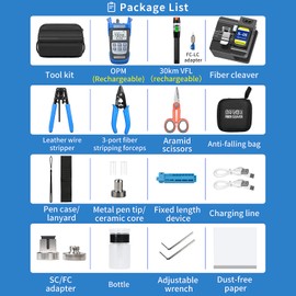 10 in 1 Fiber Tool Kit with Rechargeable Optical Power Meter A-C710A (-70~+10dBm), Visual Fault Locator 30km, and Hot Melt Cold Splicing Optical Fiber Cleaver Fiber Terminal Kit FTTH Tool