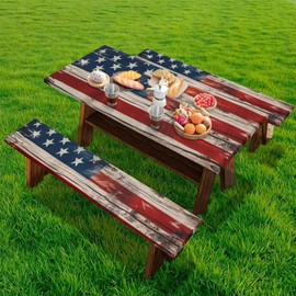 Fuojuvelie American Flag Picnic Table Cover with Bench Covers Windproof Camping Fitted Tablecloth Reusable Picnic Table Cloths for Outdoor,Picnic,Camping 94x30 Inches 3 Pcs Set