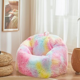 Rainbow plush bean bag chair covers (No Filler), comfy Fluffy Rainbow bean bag chair Cover for bedroom, stuffed animal Storage, kids adults teens girls bean bag chairs, Anti-Slip