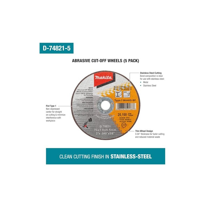 Makita D-74821-5 3" Stainless Steel Cut Off Wheel for Metal